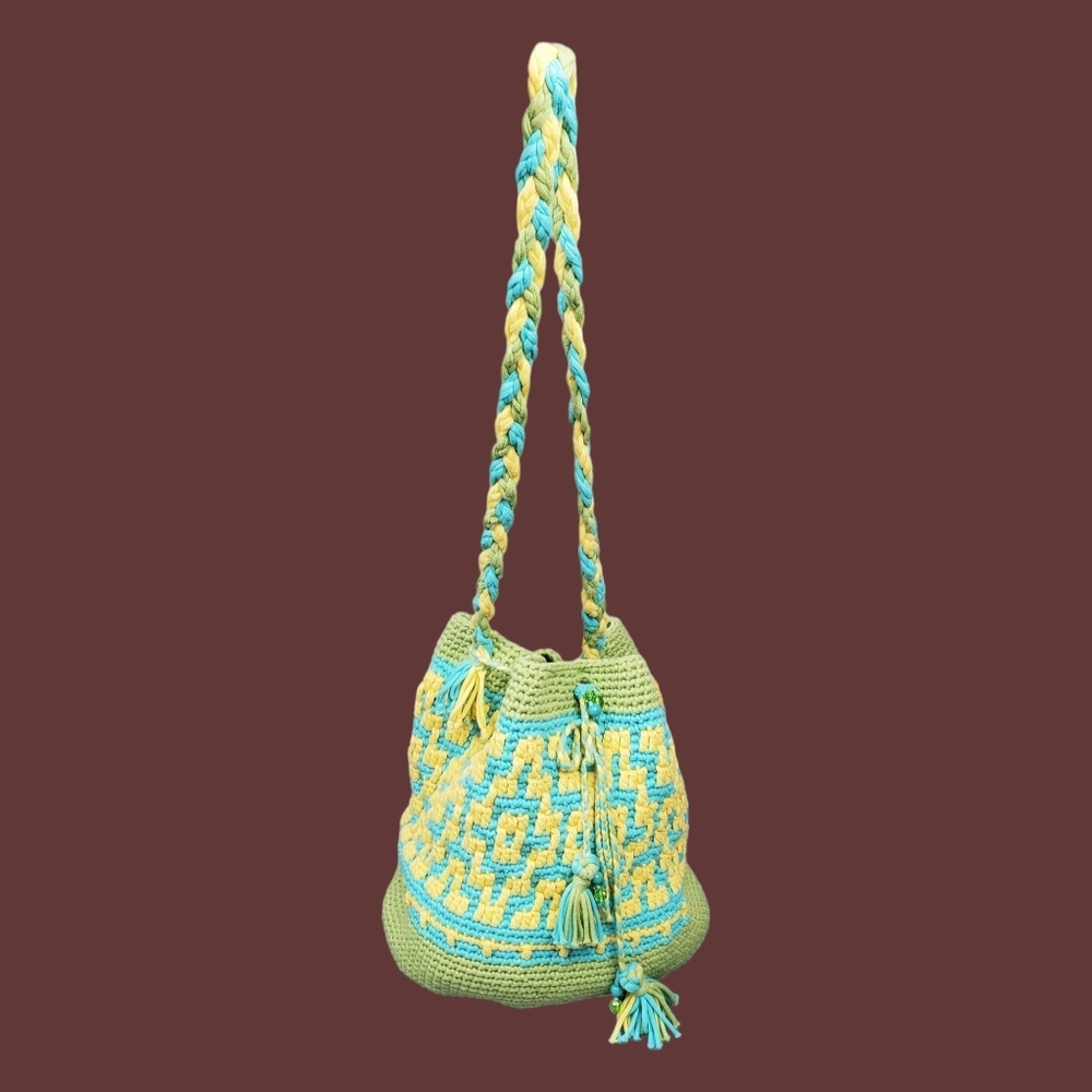 Blue Green Yellow Multicolor Crochet Bucket Bag Size OS - Picture 2 of 12